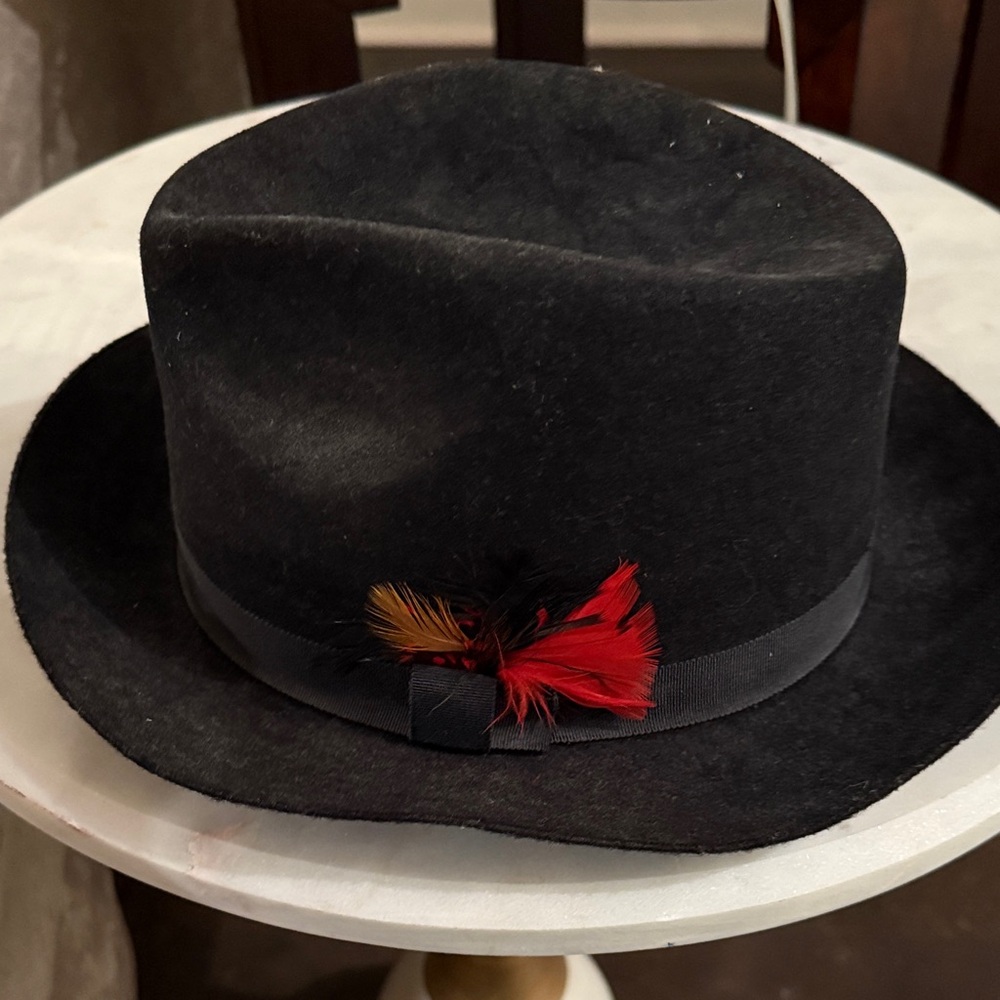 Black Fedora Hat with Red Feather Accent